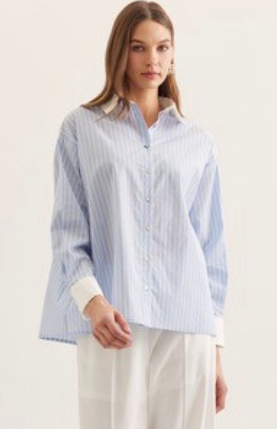 Blue striped top with white contrast