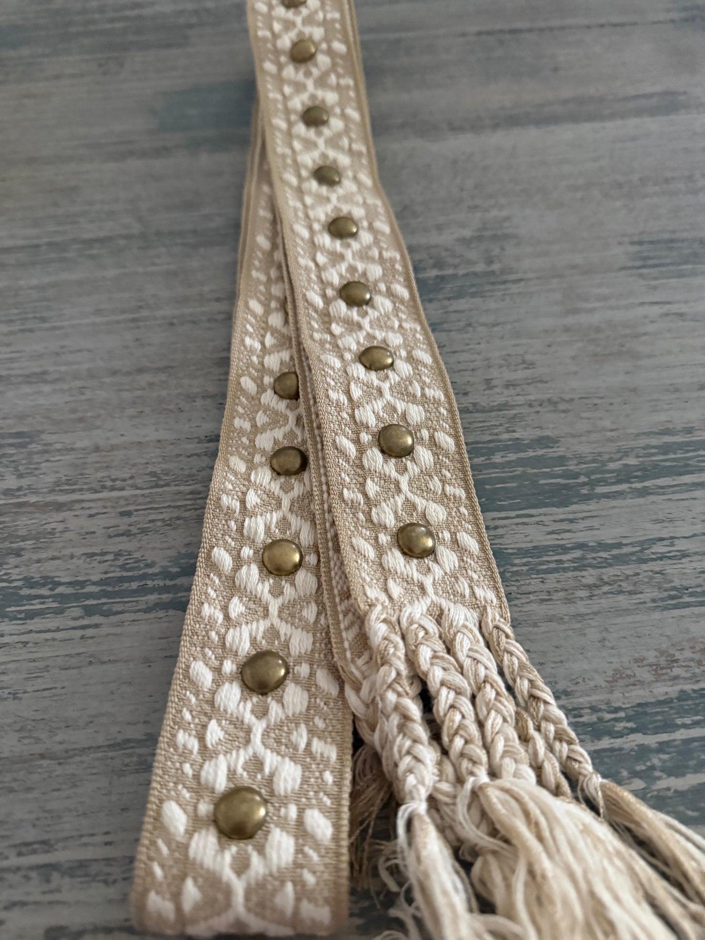 Gold and Beige tassel belt with studs