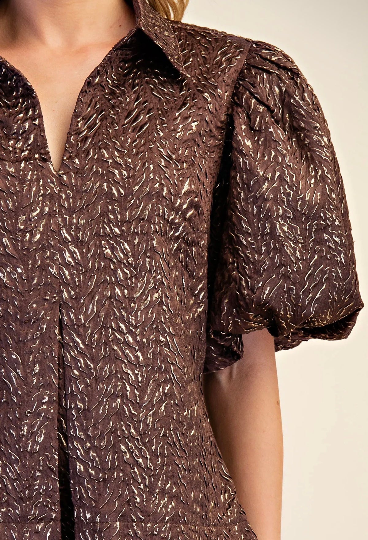 Coming soon: Cocoa Shimmer Puff Sleeve Top