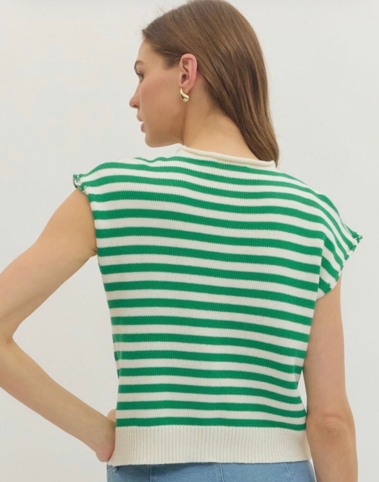 Green Striped Button‑Front Knit Top