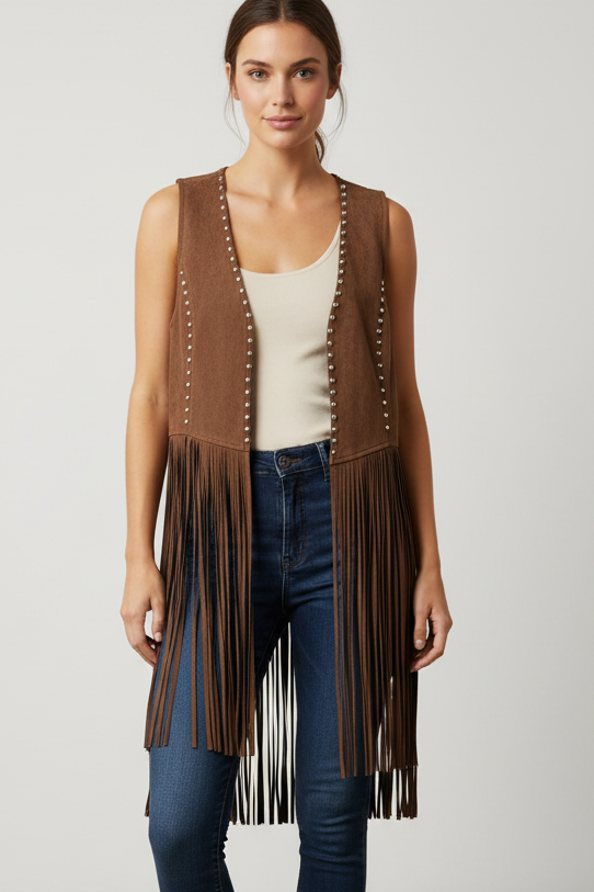 Coming soon: Boho Cowgirl Fringe Vest - Chocolate w/ Silver Studs