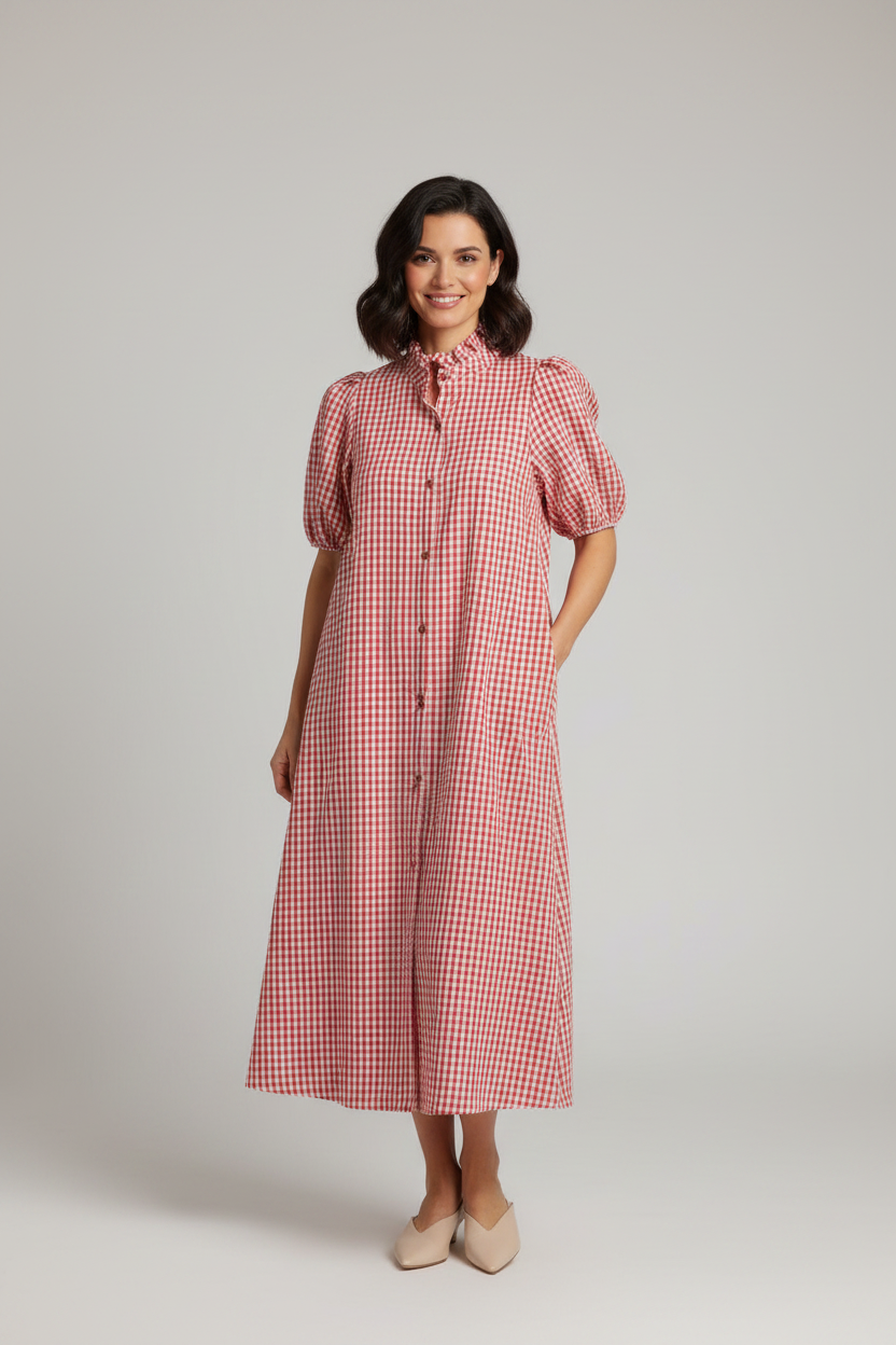 Sale: Red & White Gingham Puff Sleeve Midi Dress