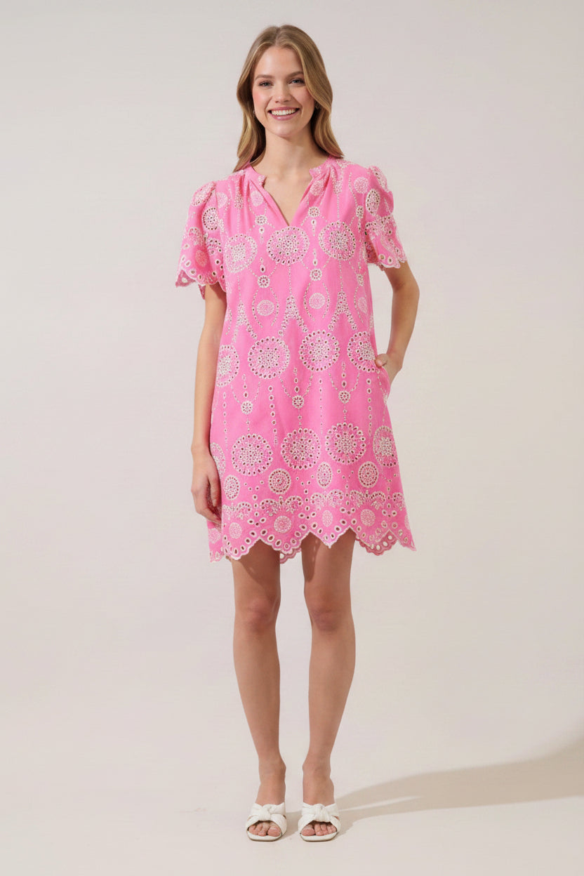 Sale: Embroidered Eyelet Mini Dress - Pink