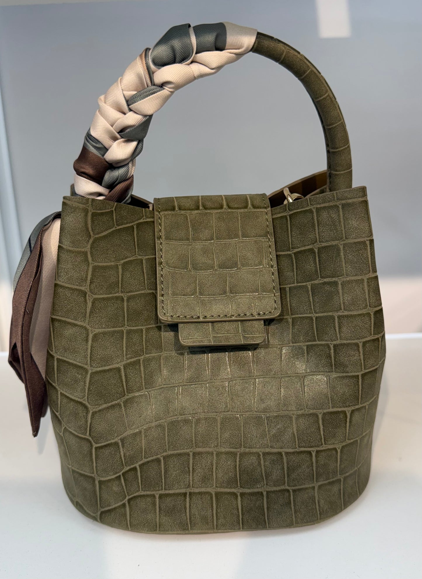 Coming Soon: The Corso - Olive Croc-Embossed Bucket Bag