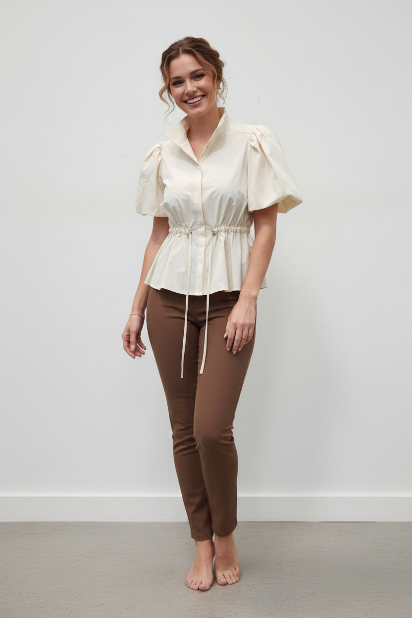 Puff Sleeve Cinch Waist Peplum Top - Ecru