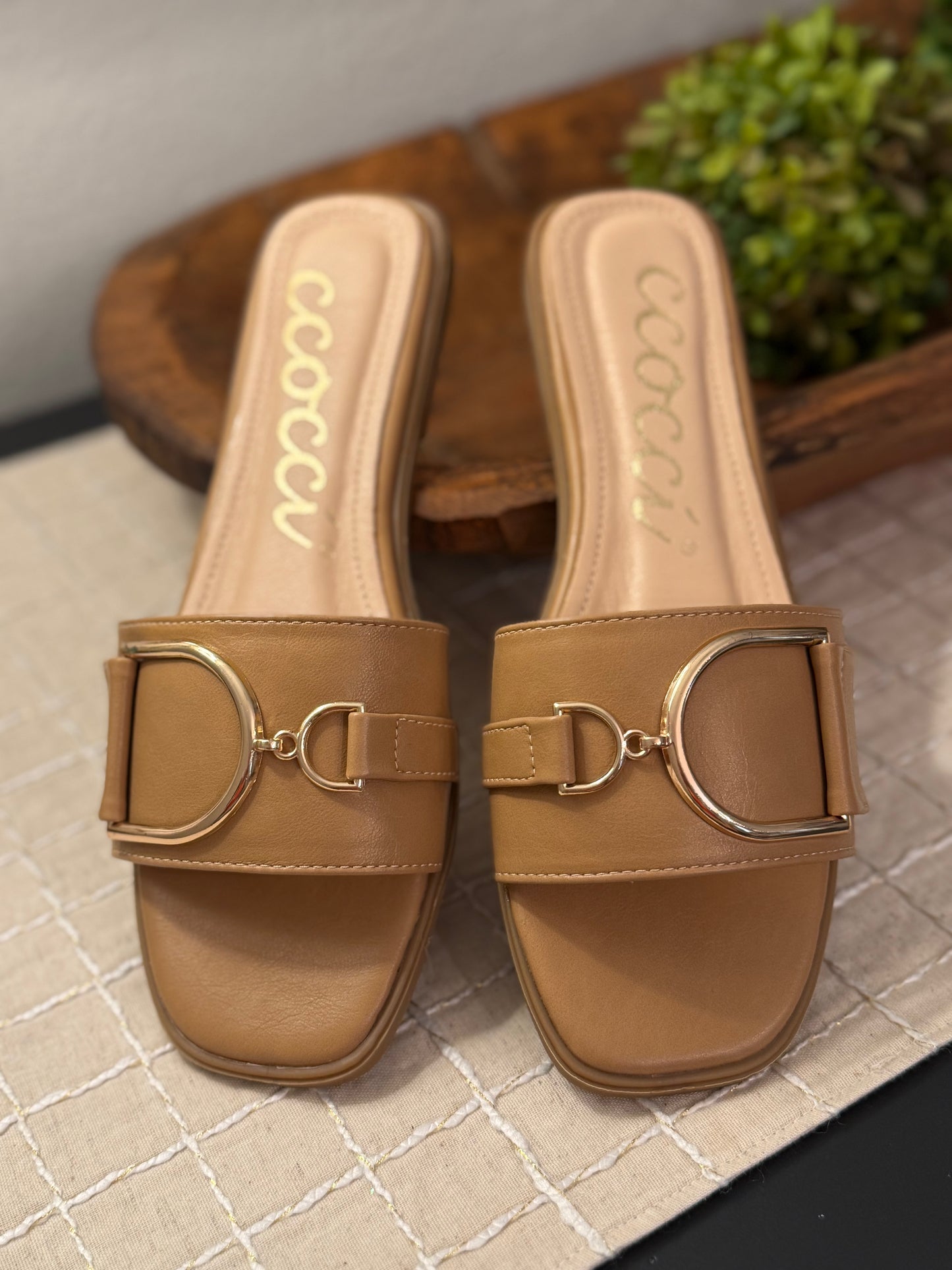 Gold tone buckle strap leather sandal - Camel