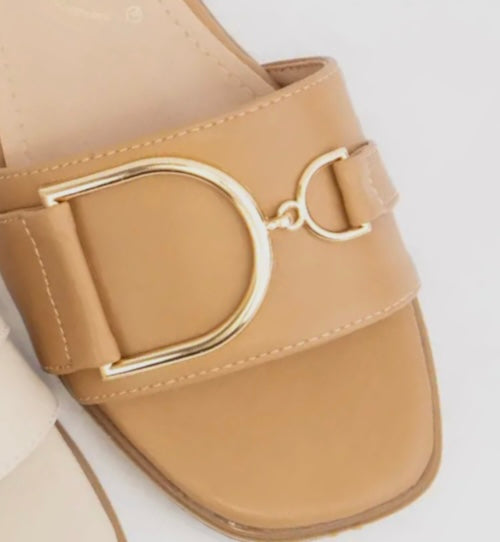 Gold tone buckle strap leather sandal - Camel