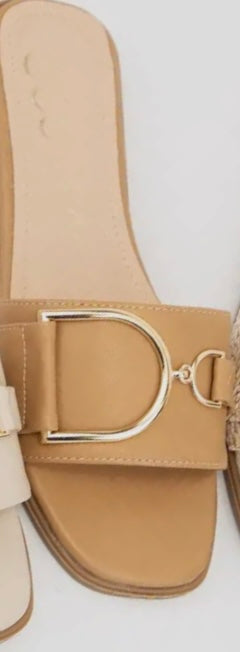Gold tone buckle strap leather sandal - Camel