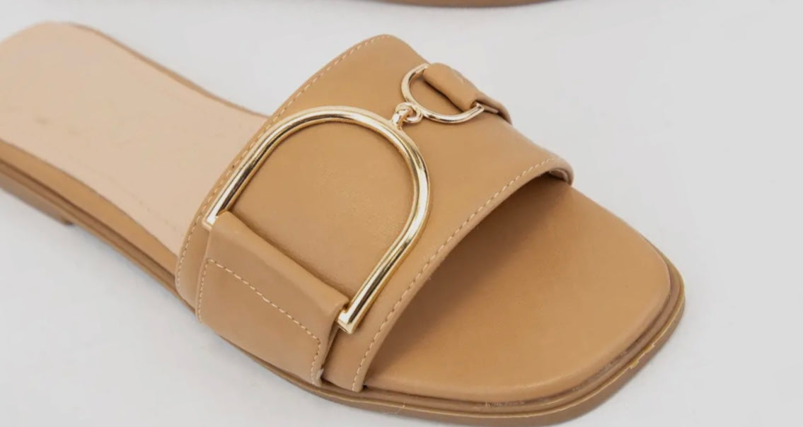 Gold tone buckle strap leather sandal - Camel