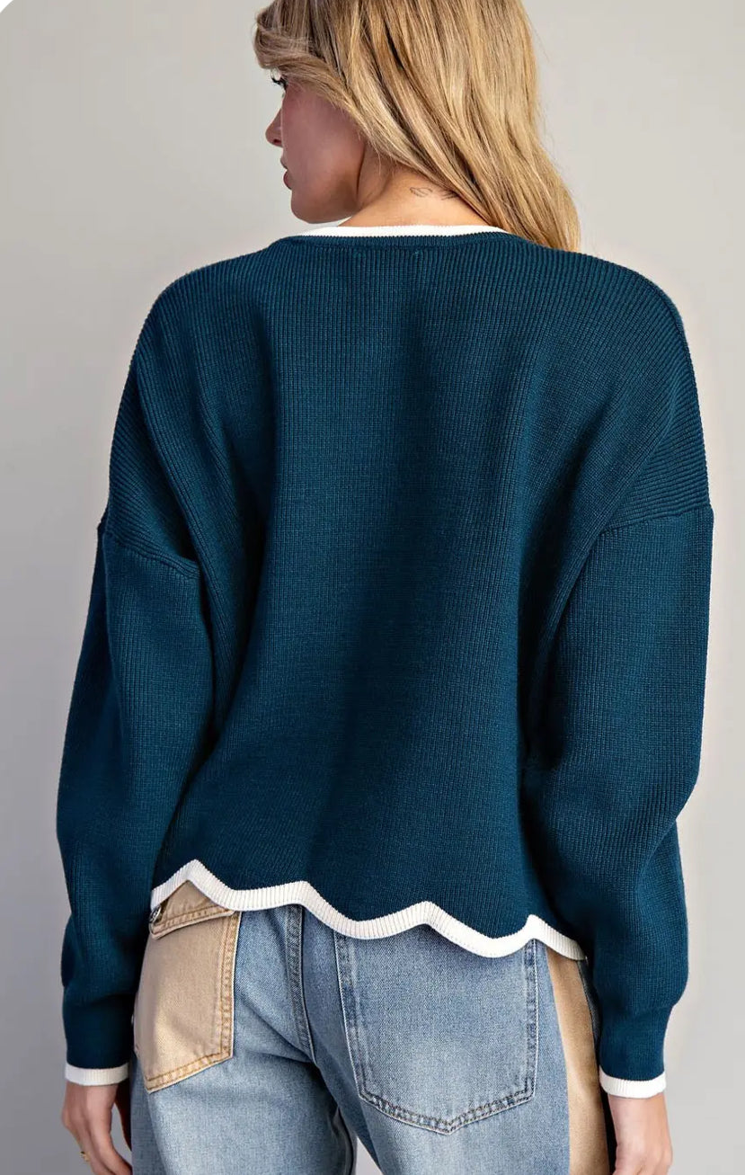 Contrast teal scallop trim sweater