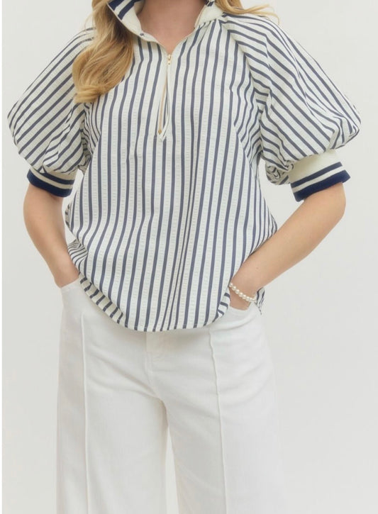 Best selling navy stripe puff sleeve top