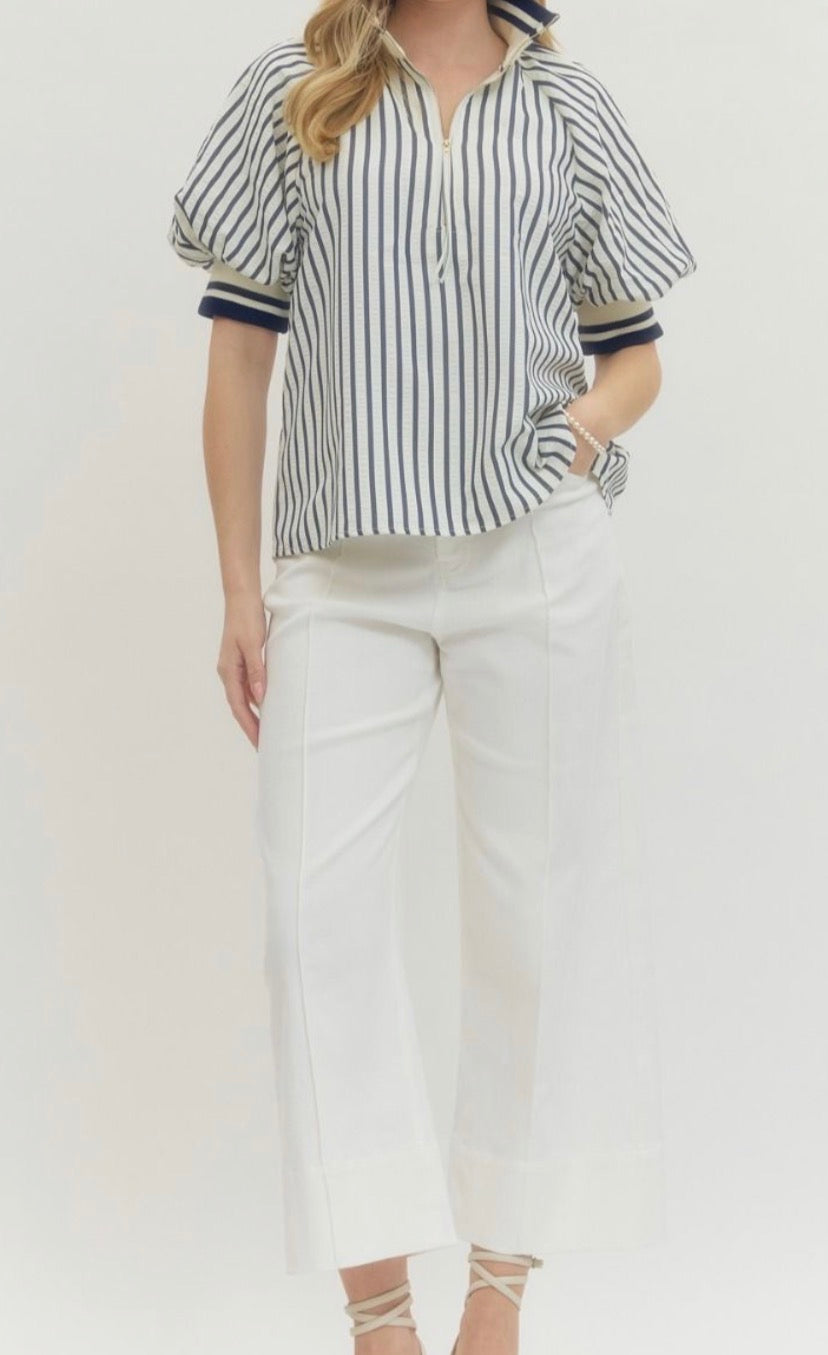 Best selling navy stripe puff sleeve top