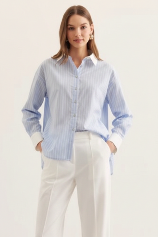 Blue Stripe Poplin Top with White Contrast Cuffs