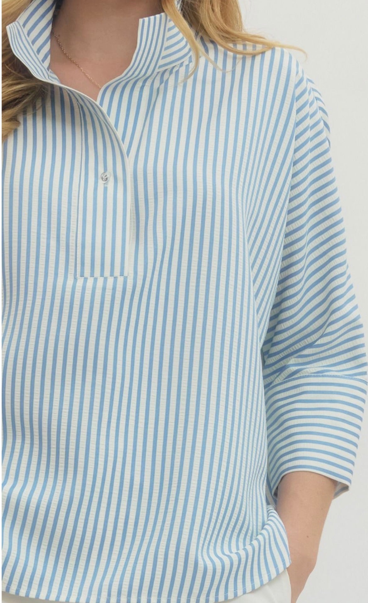 Blue stripe 3/4 sleeve top with button detail