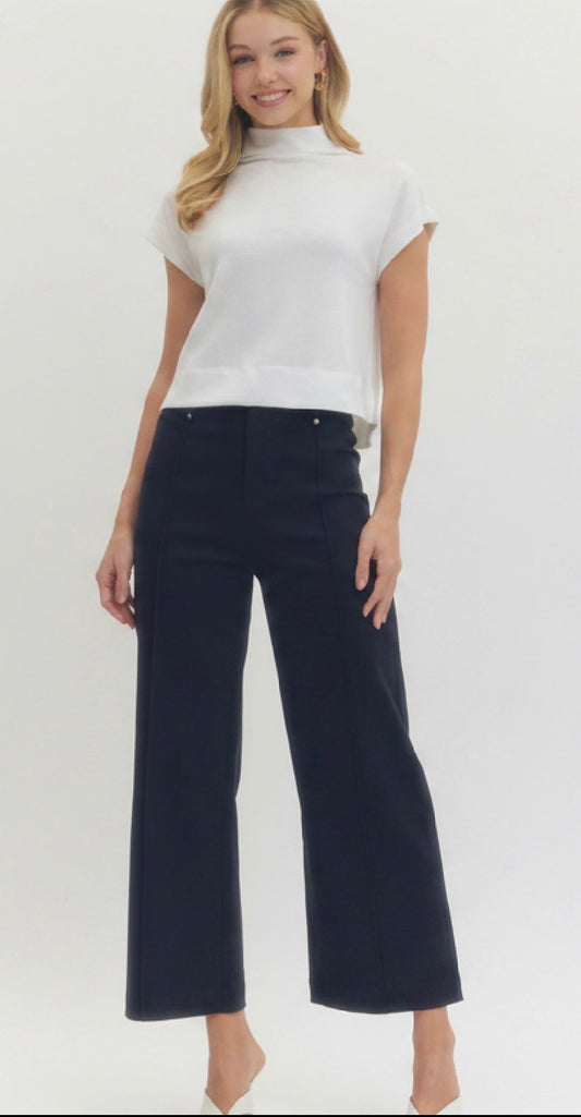 Navy Luxe Stretch Pants with Gold Waistband Accents