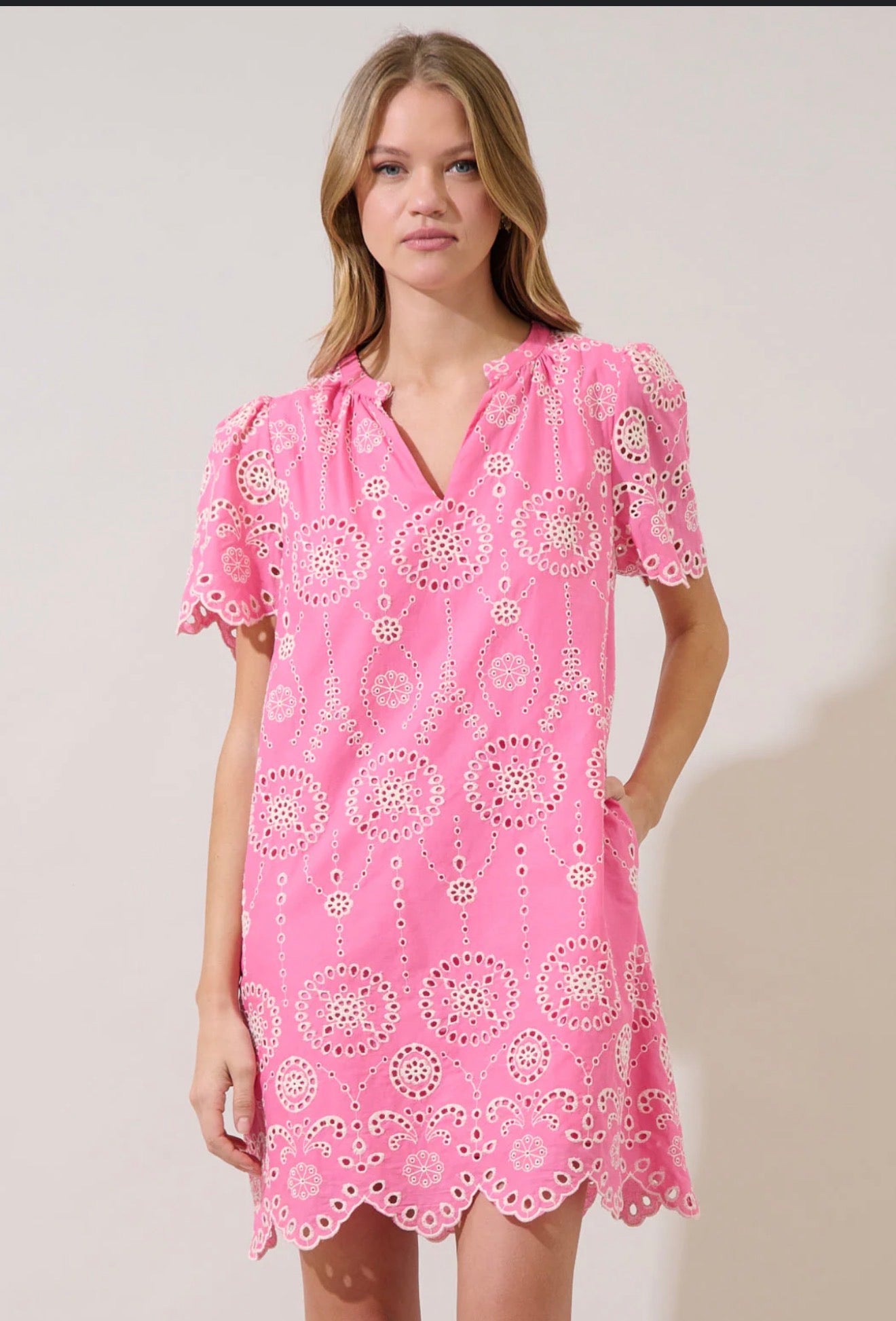 Embroidered Eyelet Mini Dress - Pink