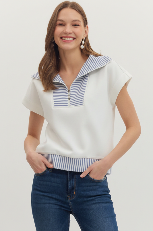 Blue & White Striped Knit Top with zip placket