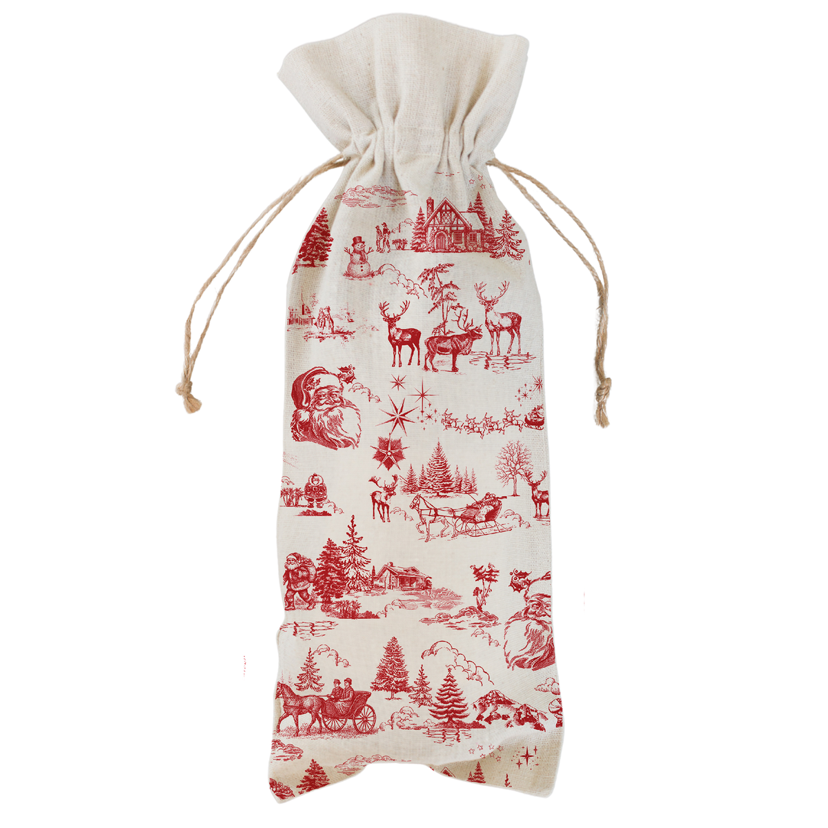 Red Christmas Toile Print Wine Bag