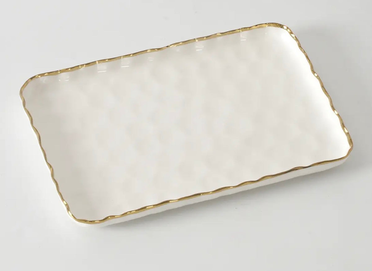 Gold Rim Hammered Porcelain Tray