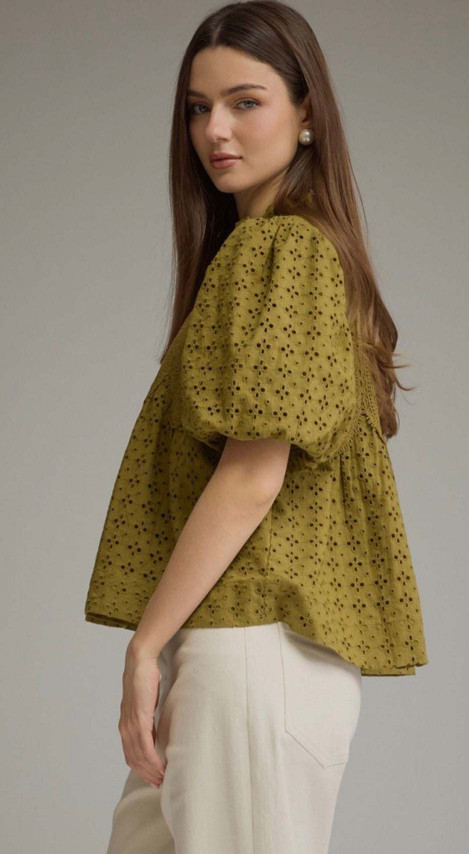 Martini Green Embroidered Eyelet Top