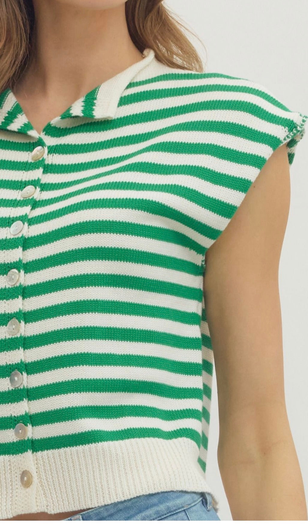 Green Striped Button‑Front Knit Top