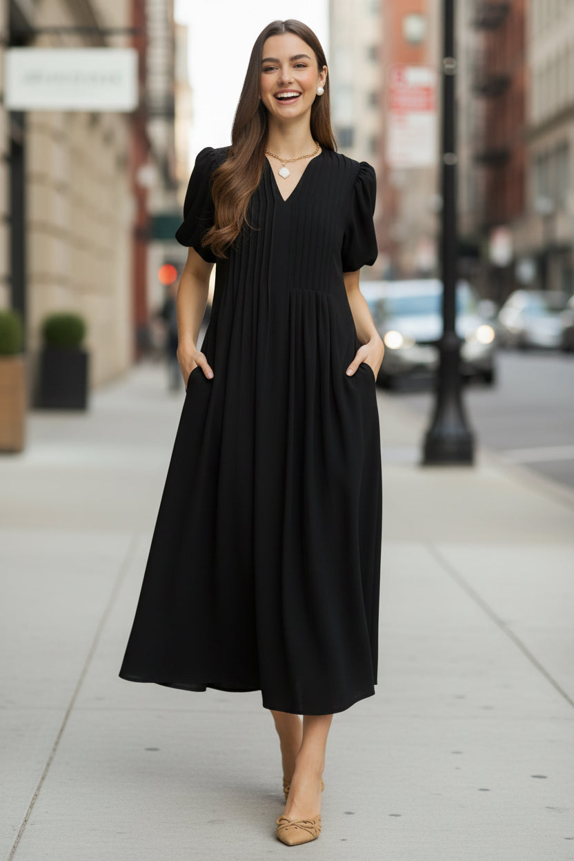 Gracie Pleat Dress - Black