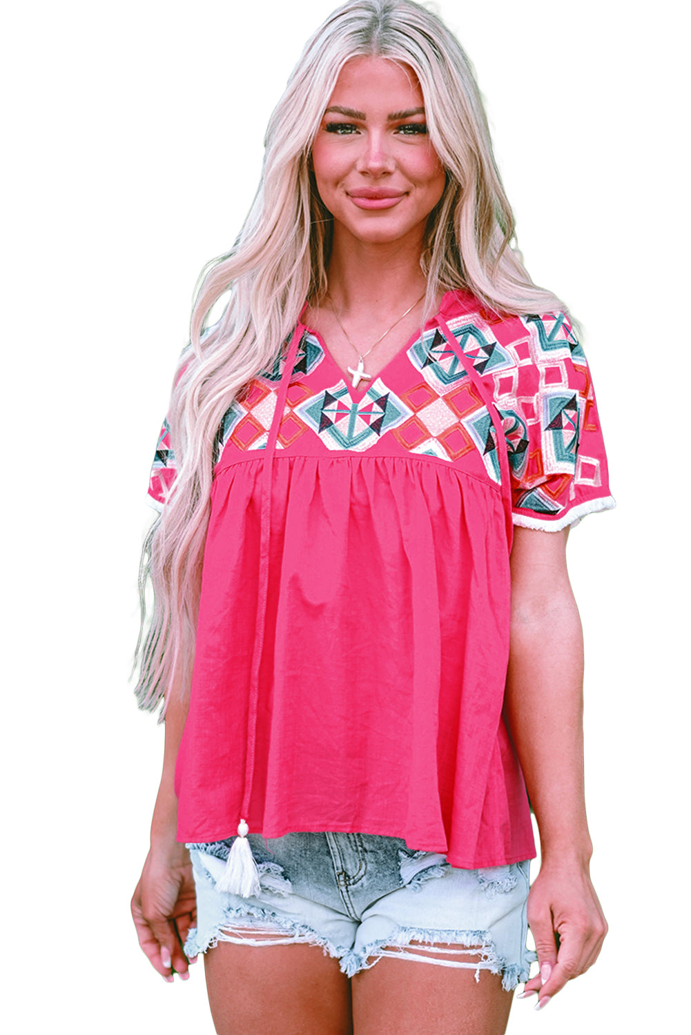 Strawberry Pink Geometric Embroidered Tassel Tie V Neck Blouse