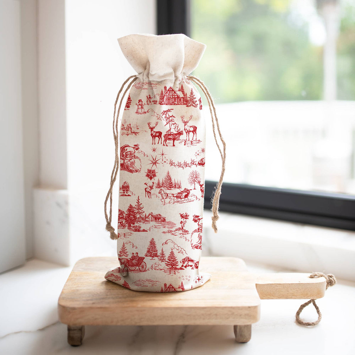 Red Christmas Toile Print Wine Bag