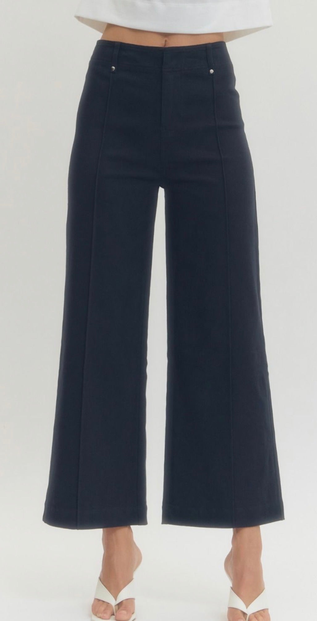 Navy Luxe Stretch Pants with Gold Waistband Accents