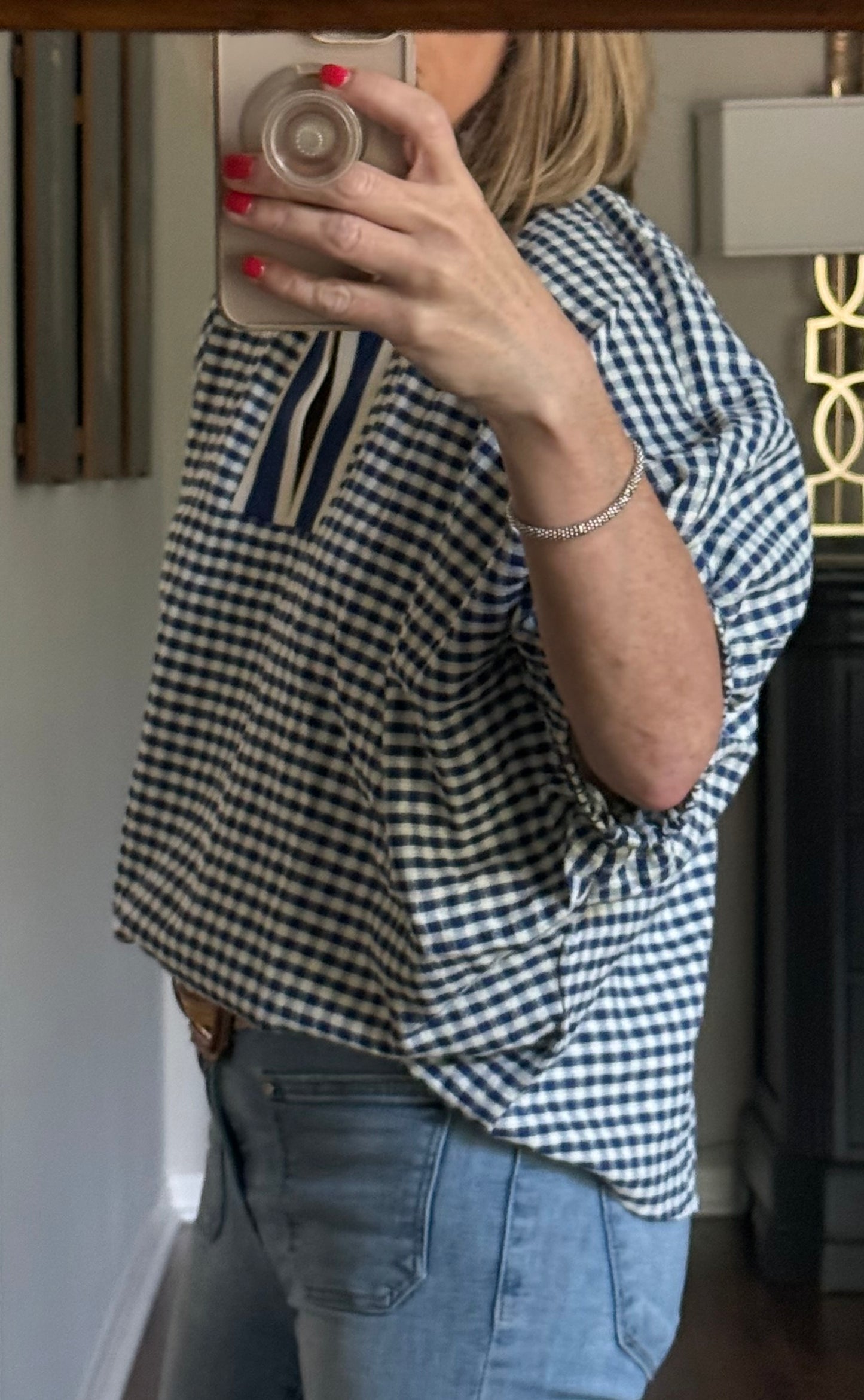 Gingham top with stripe trim
