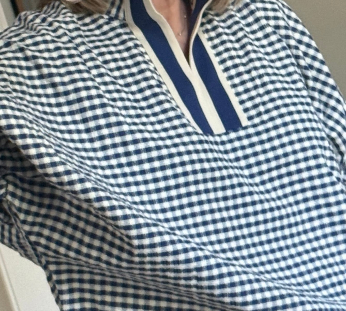 Gingham top with stripe trim