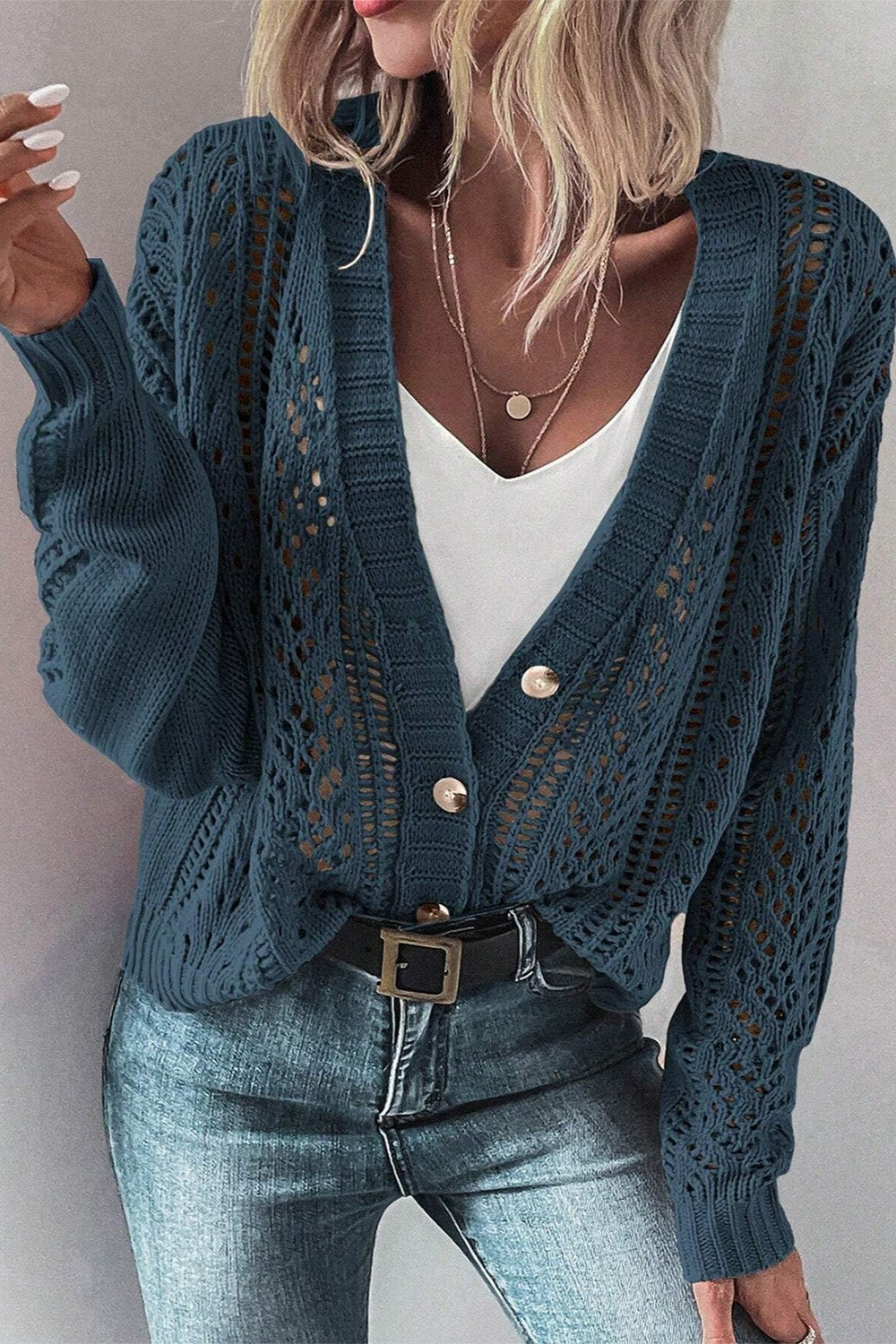 Openwork Button Up Long Sleeve Cardigan