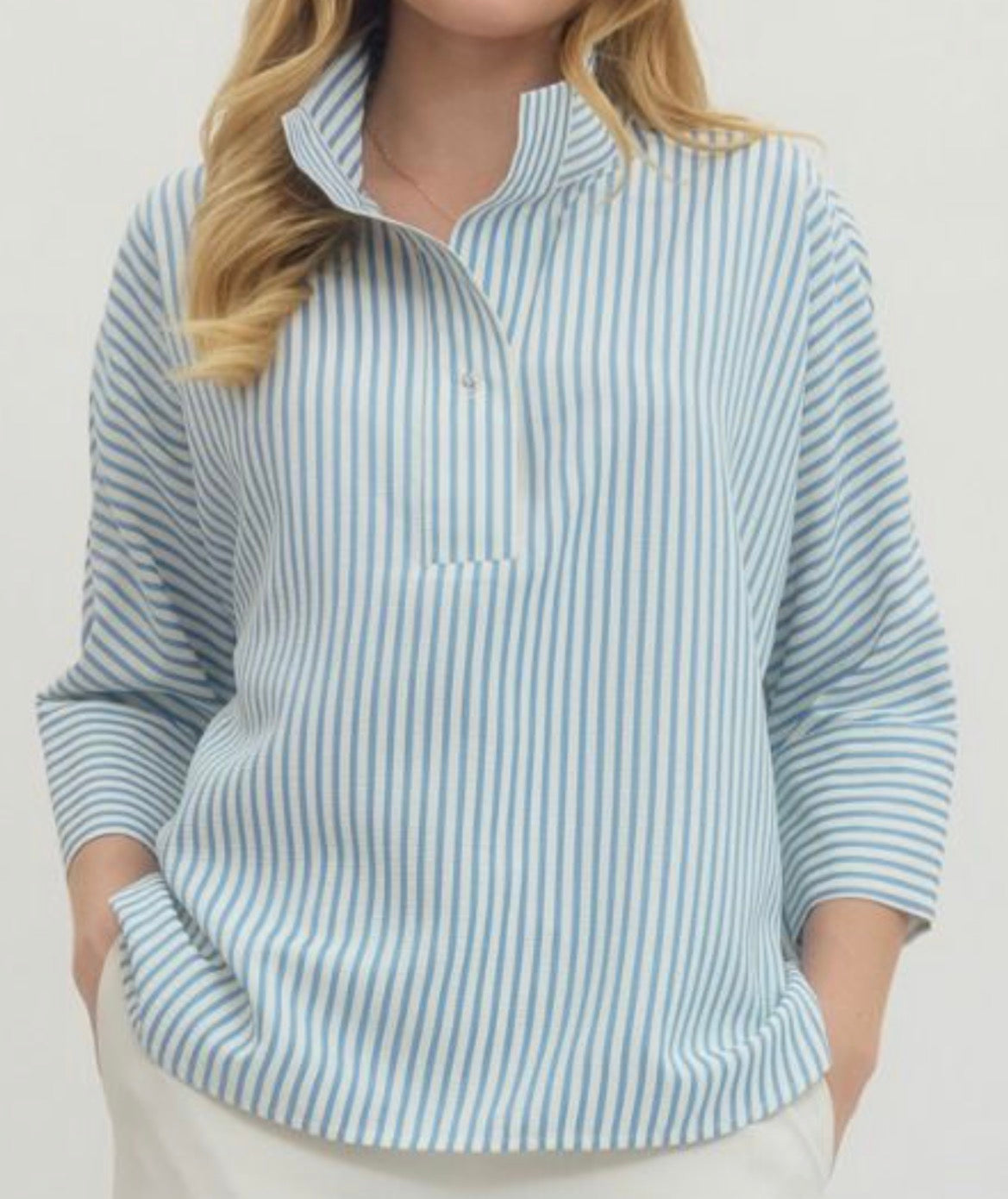 Blue stripe 3/4 sleeve top with button detail