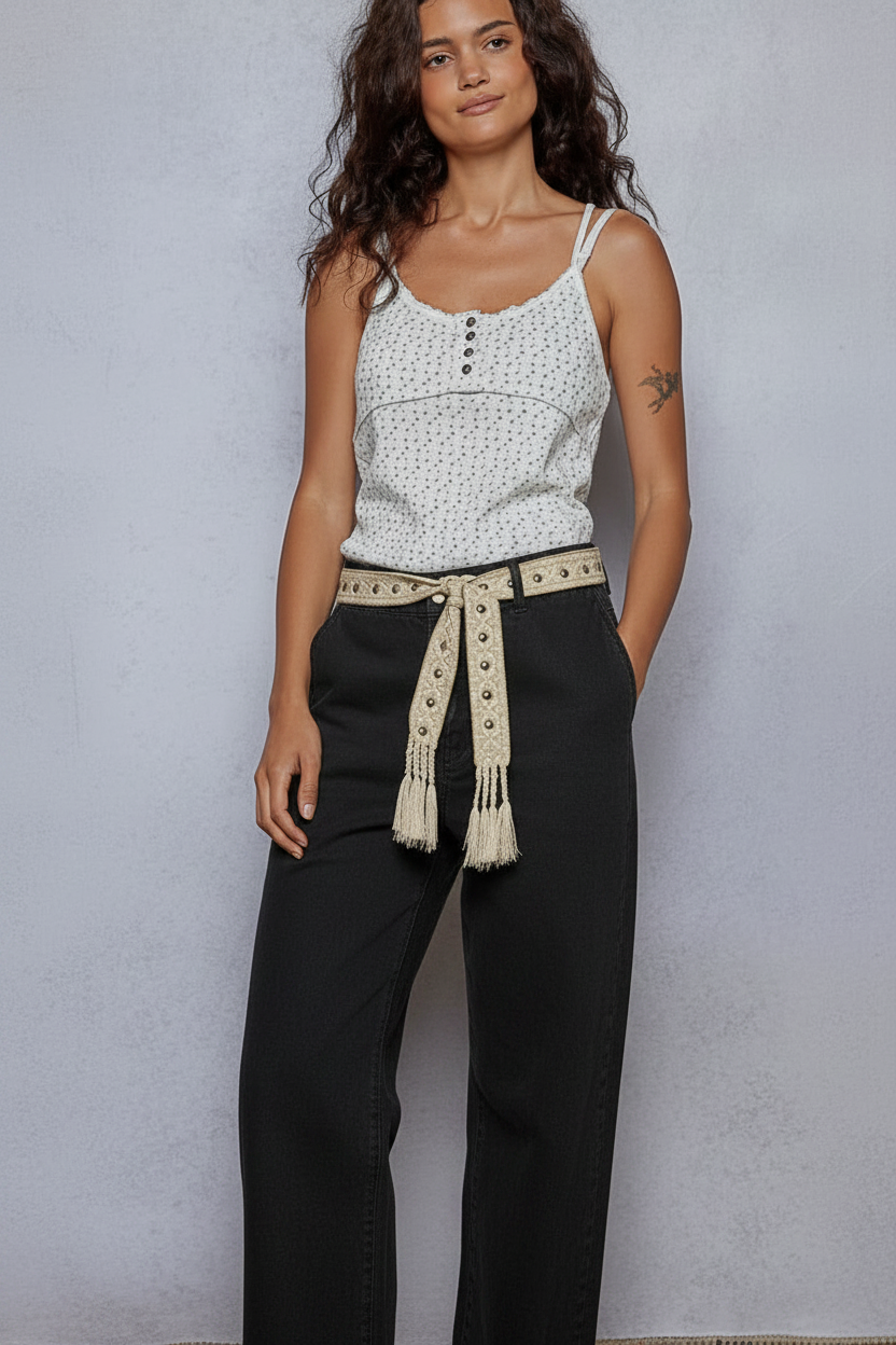 Gold and Beige tassel belt with studs