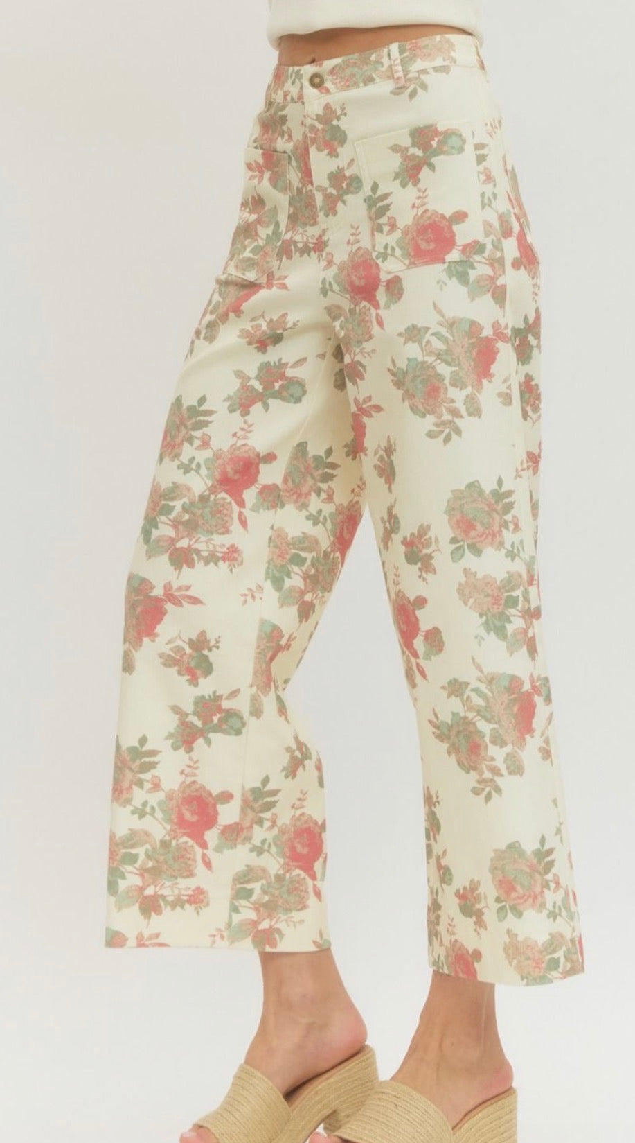 Cream Floral Cropped Pants