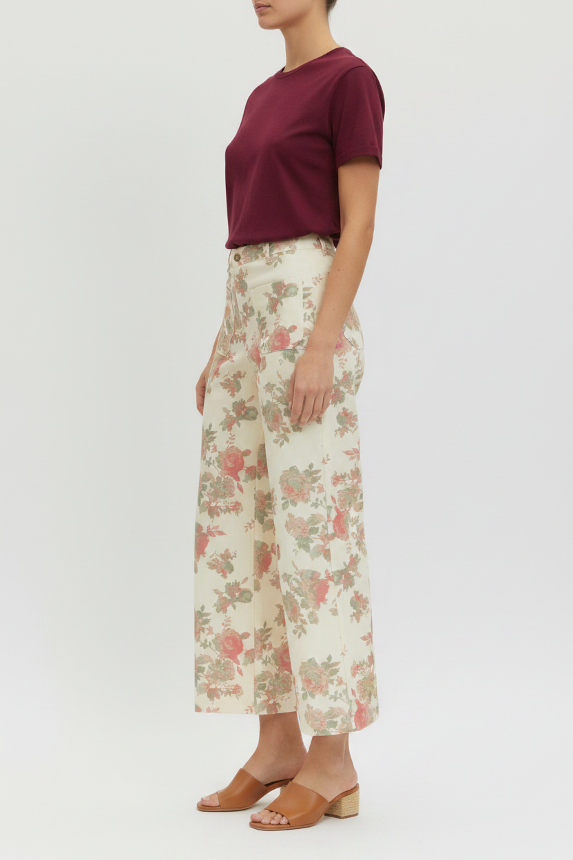 Cream Floral Cropped Pants