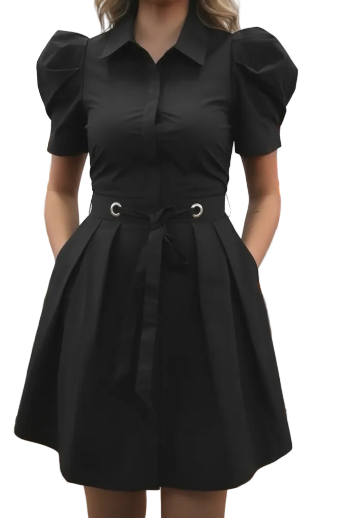 Coming Soon: Puff Sleeve Belted Shirt Dress - Black
