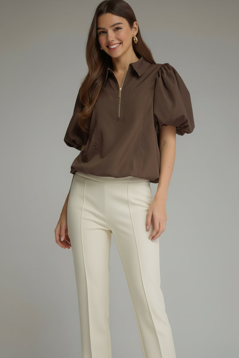 Coming Soon: Mocha Mia Puff Sleeve Zip Top