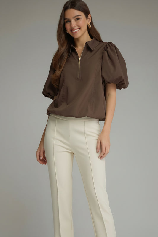 Coming Soon: Mocha Mia Puff Sleeve Zip Top