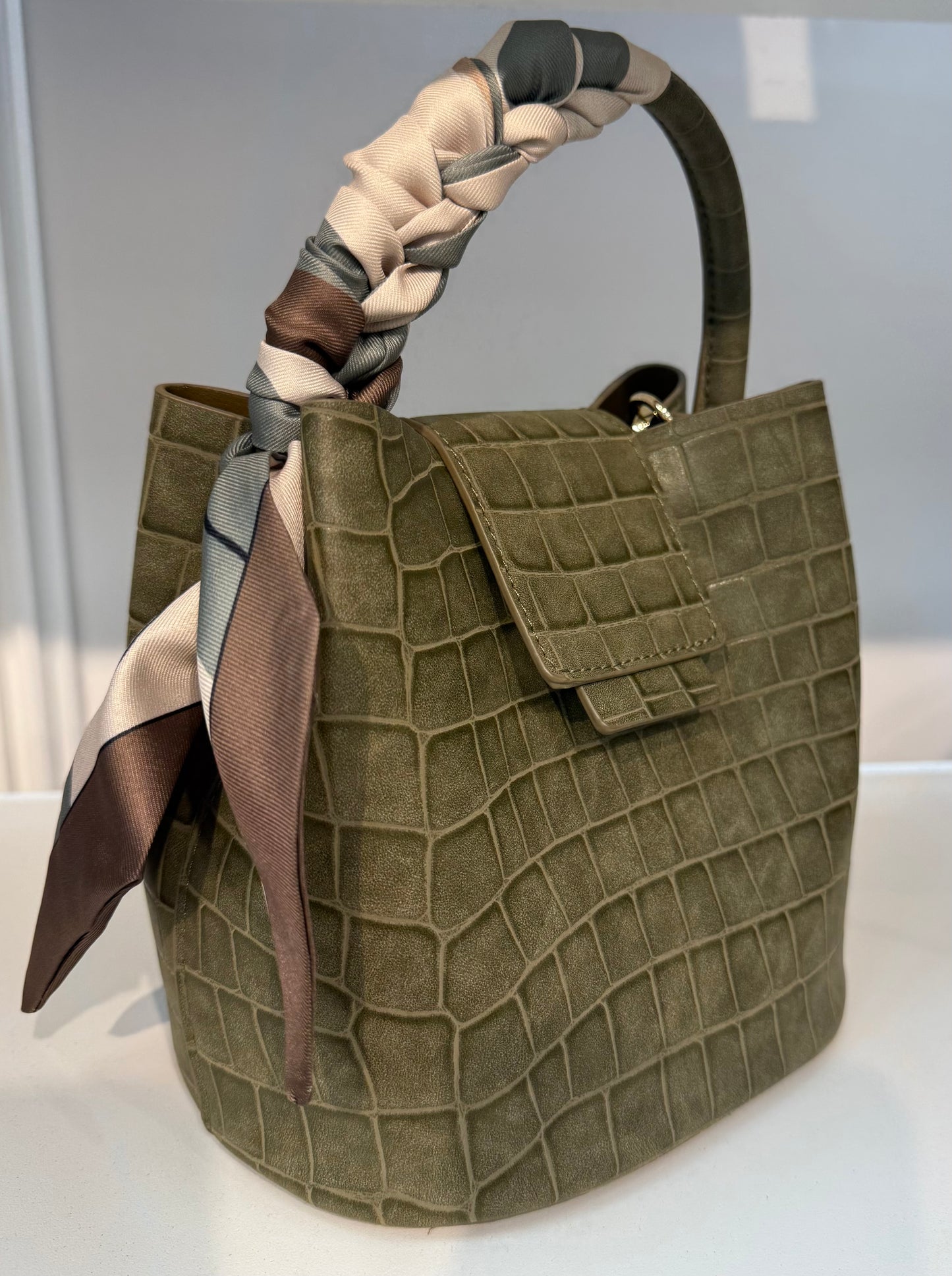 Coming Soon: The Corso - Olive Croc-Embossed Bucket Bag
