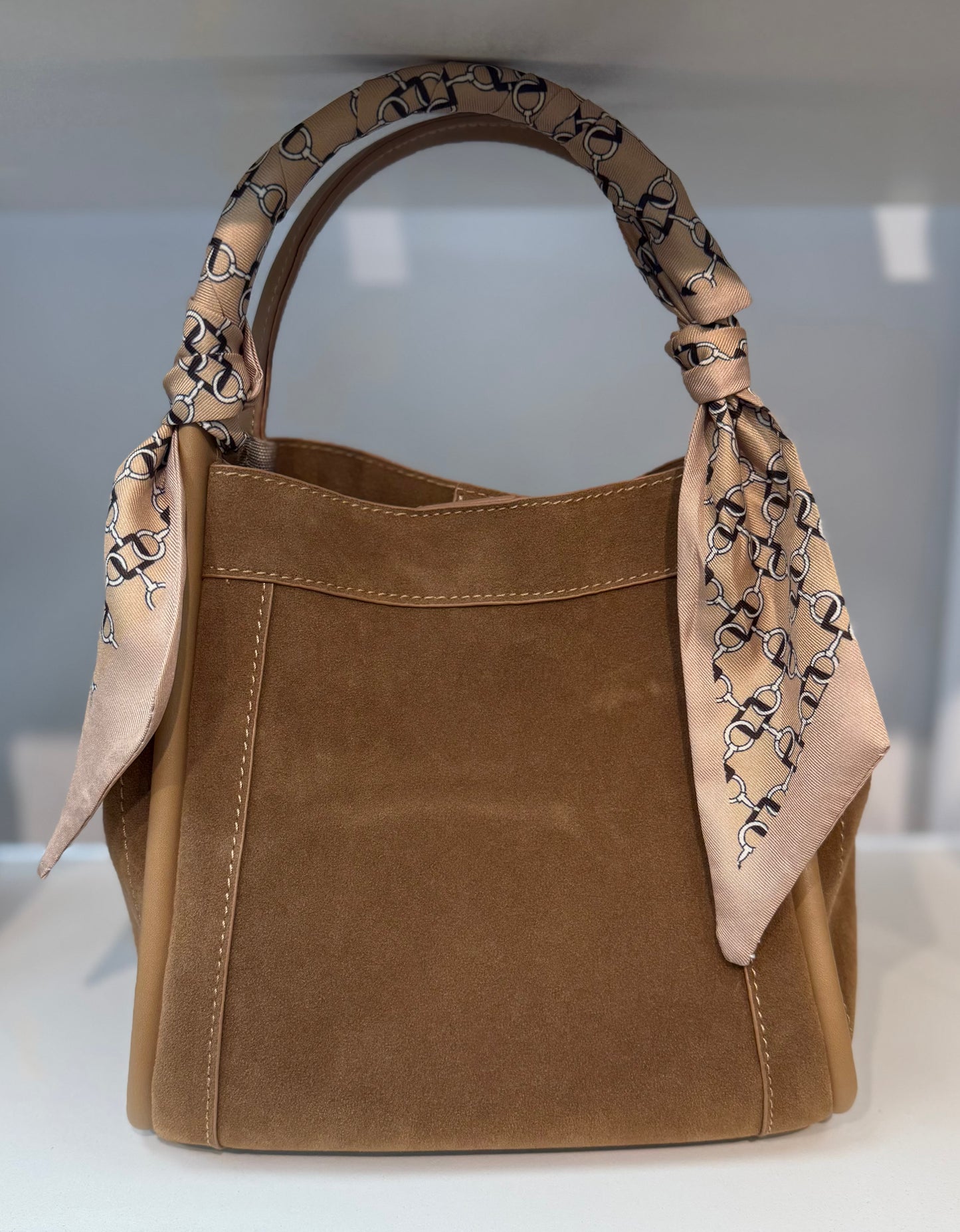 Coming Soon: The Marlo Suede Tote - Camel with Chain-Print Scarf Wrap