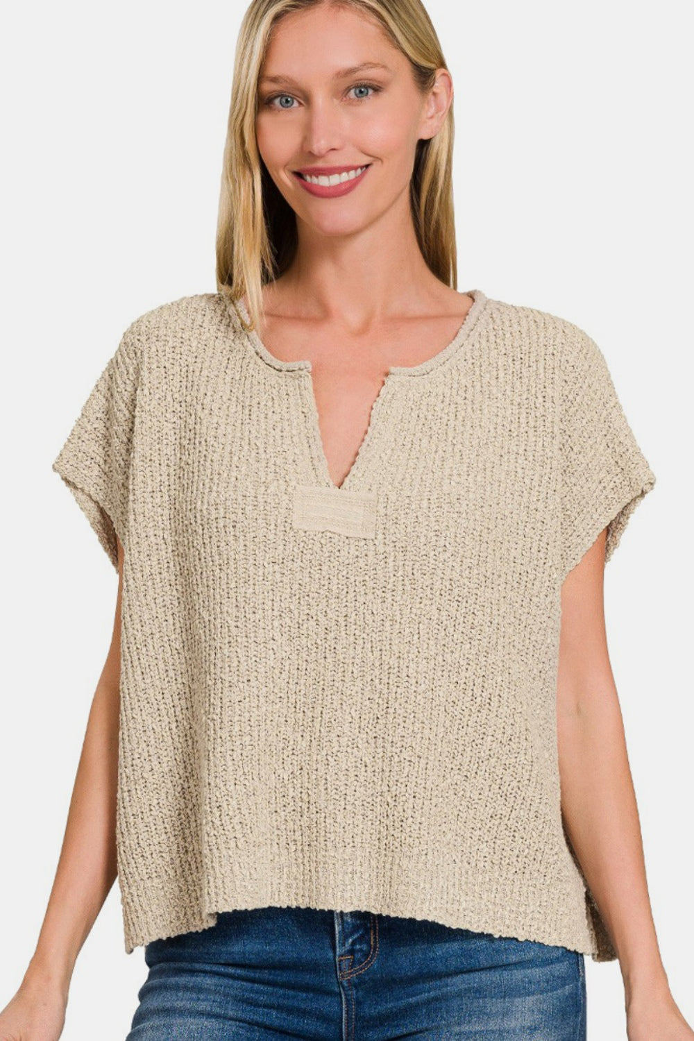 *Zenana Short Sleeve Side Slit Sweater