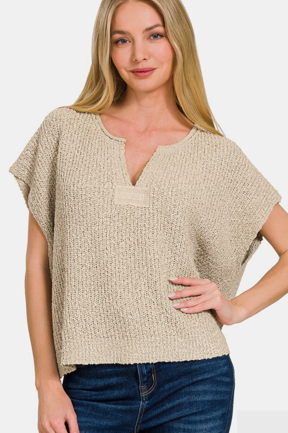 *Zenana Short Sleeve Side Slit Sweater