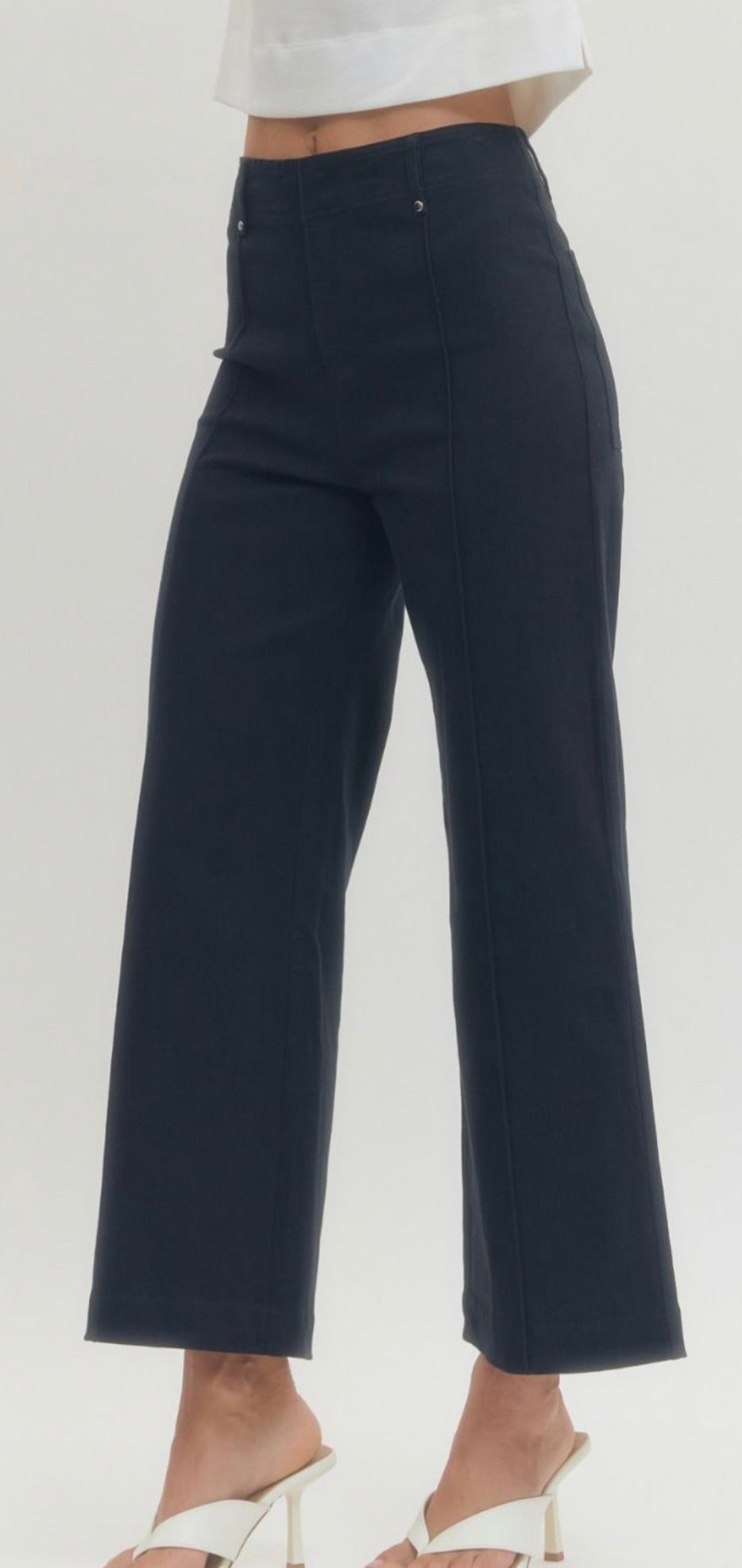 Navy Luxe Stretch Pants with Gold Waistband Accents
