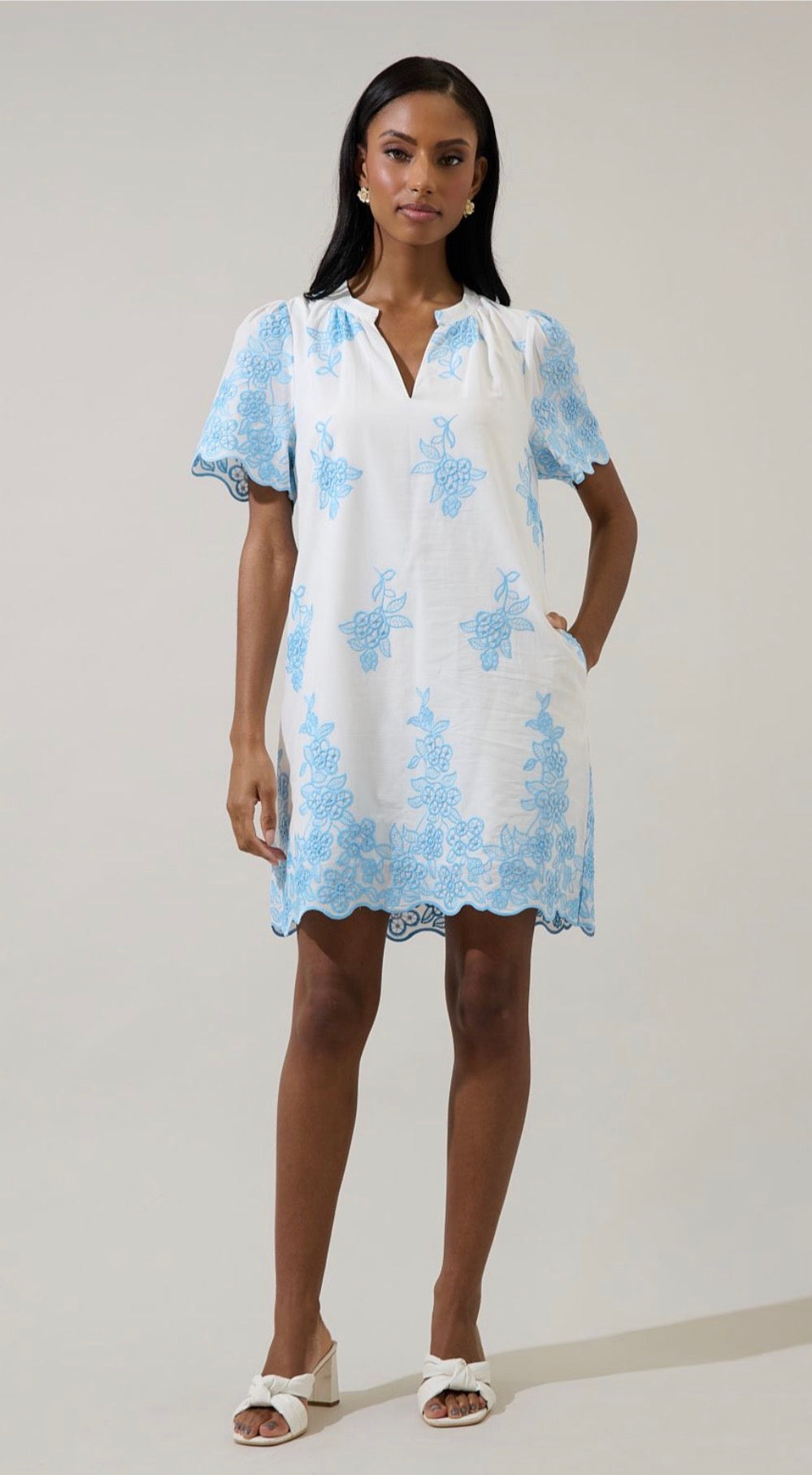 *The Seaside Embroidered Dress — Blue & White