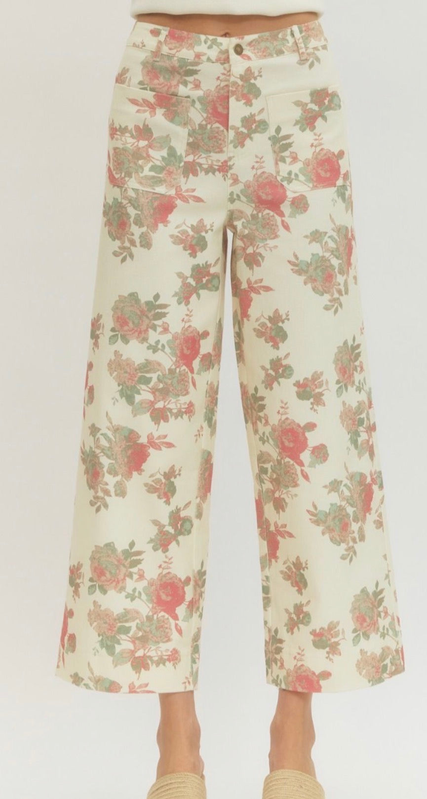 Cream Floral Cropped Pants