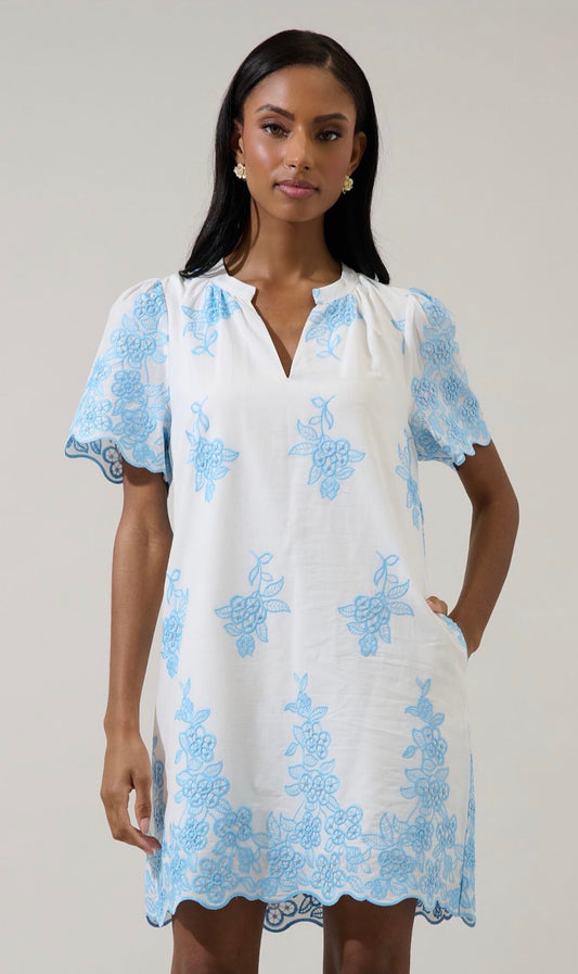 Blue/White embroidered dress
