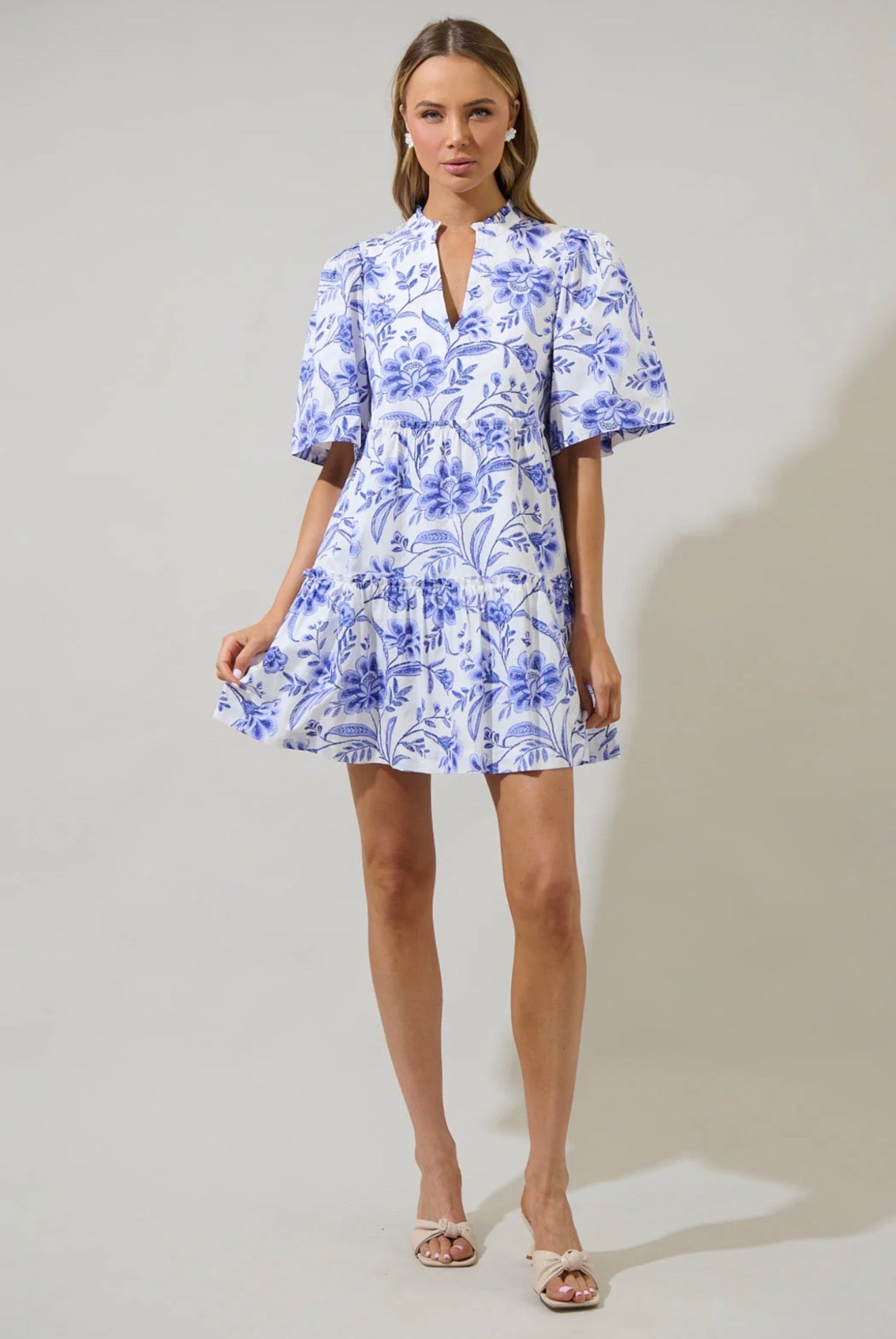 Blue Floral Cotton Dress with Pockets