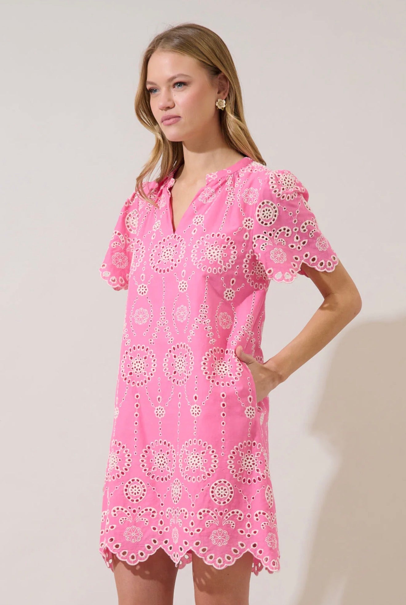 Embroidered Eyelet Mini Dress - Pink