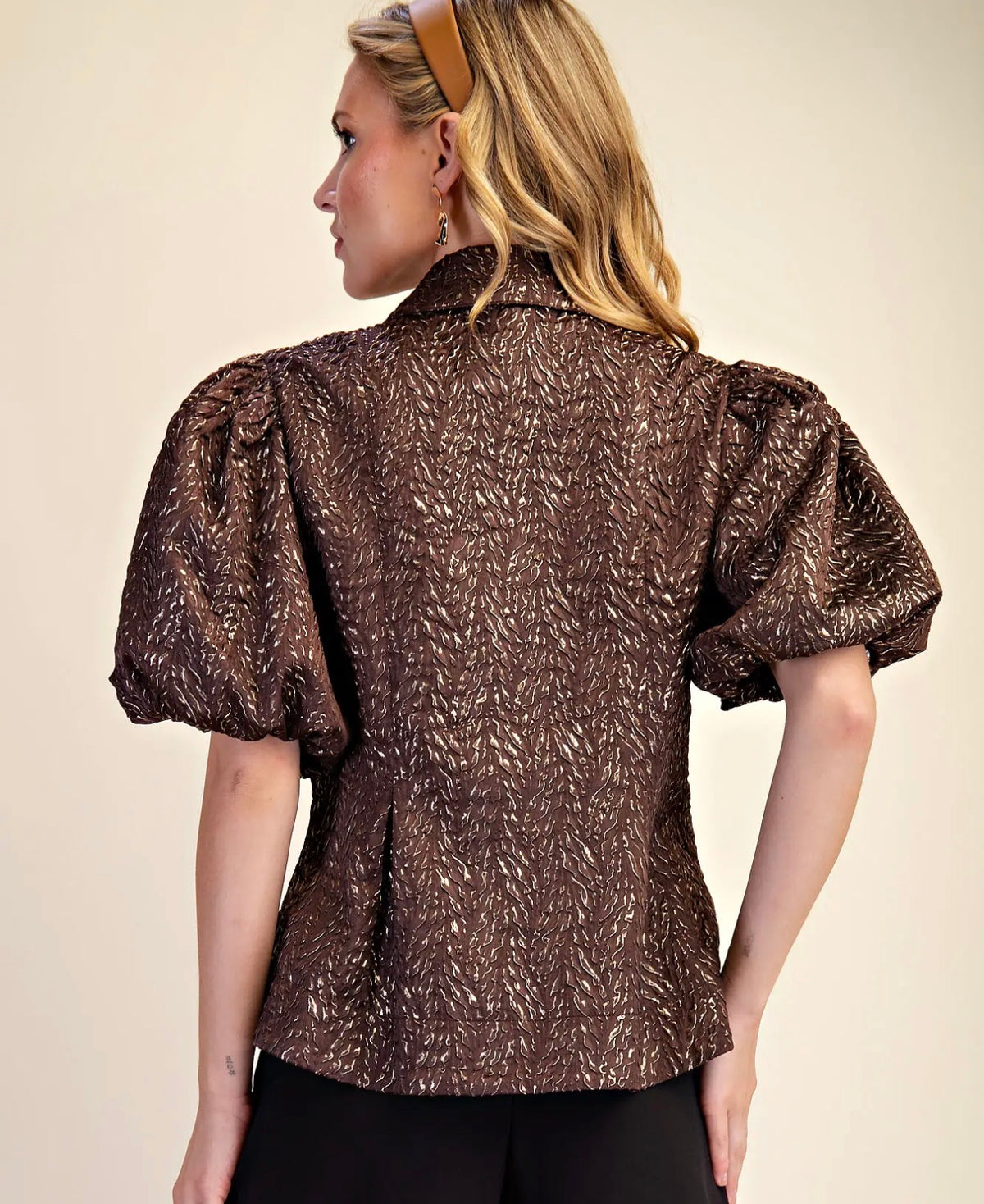 Coming soon: Cocoa Shimmer Puff Sleeve Top
